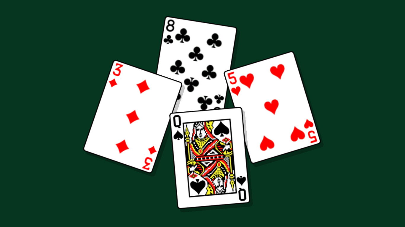 Four cards played to the middle of a green card table in the retro Windows card style: the eight of clubs from one seat, the three of diamonds from another, the five of hearts from a third, and the queen of spades face up on top of the trick.