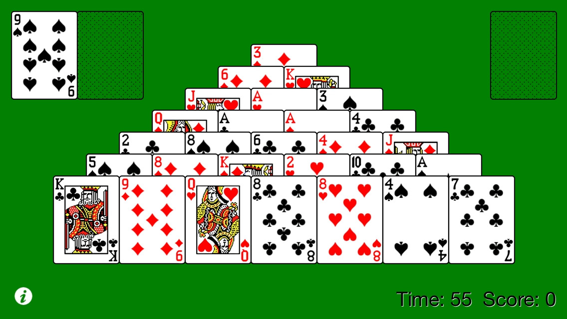 Classic Pyramid on iPhone, played in landscape on a plain green felt background. Twenty-eight cards sit in a seven-row pyramid, each row overlapping the one above it, with the full bottom row of seven cards exposed. The waste pile shows the nine of spades in the top left corner next to the face-down stock, a second face-down pile sits in the top right, and the status line at the bottom reads Time 55, Score 0.