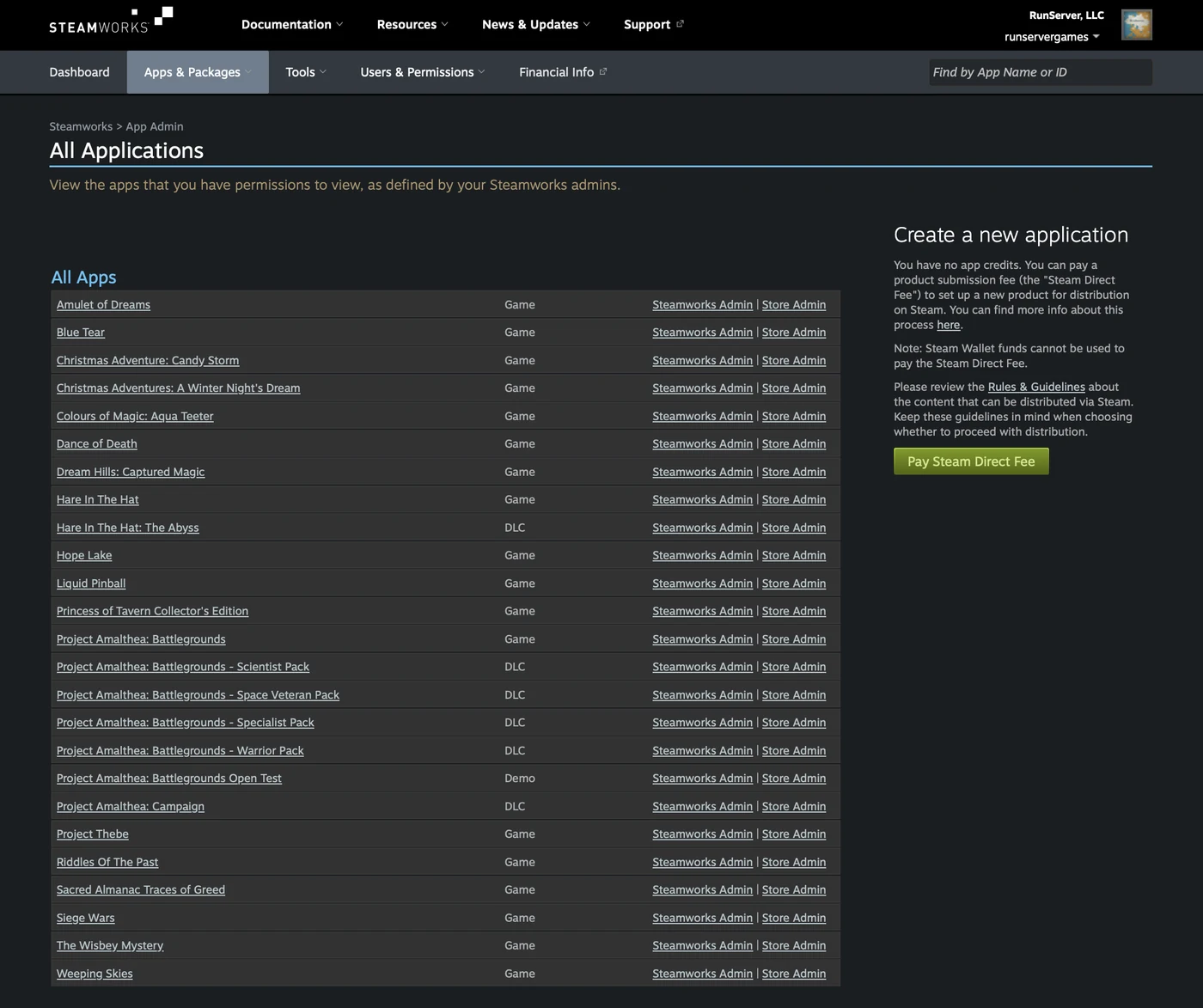All applications on the RunServer Steamworks account